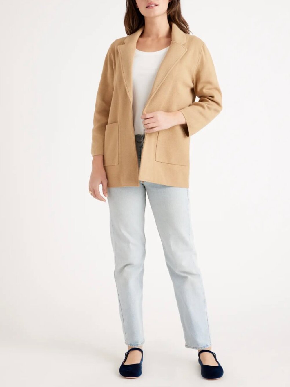 Quince 100% Organic Cotton Knit Blazer Sweater Jacket Camel Tan Minimalist XS